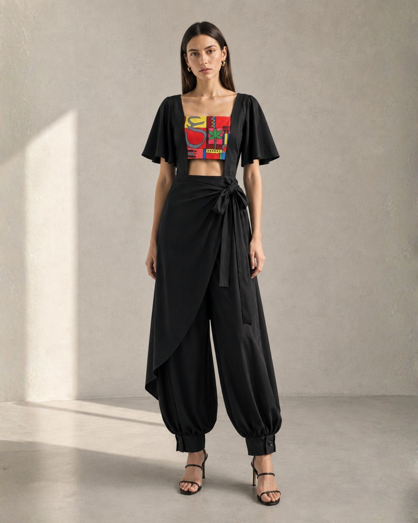 Moucharabieh Wrap Jumpsuit with the wrap scarf skirt tied, front view showing the asymmetric hem