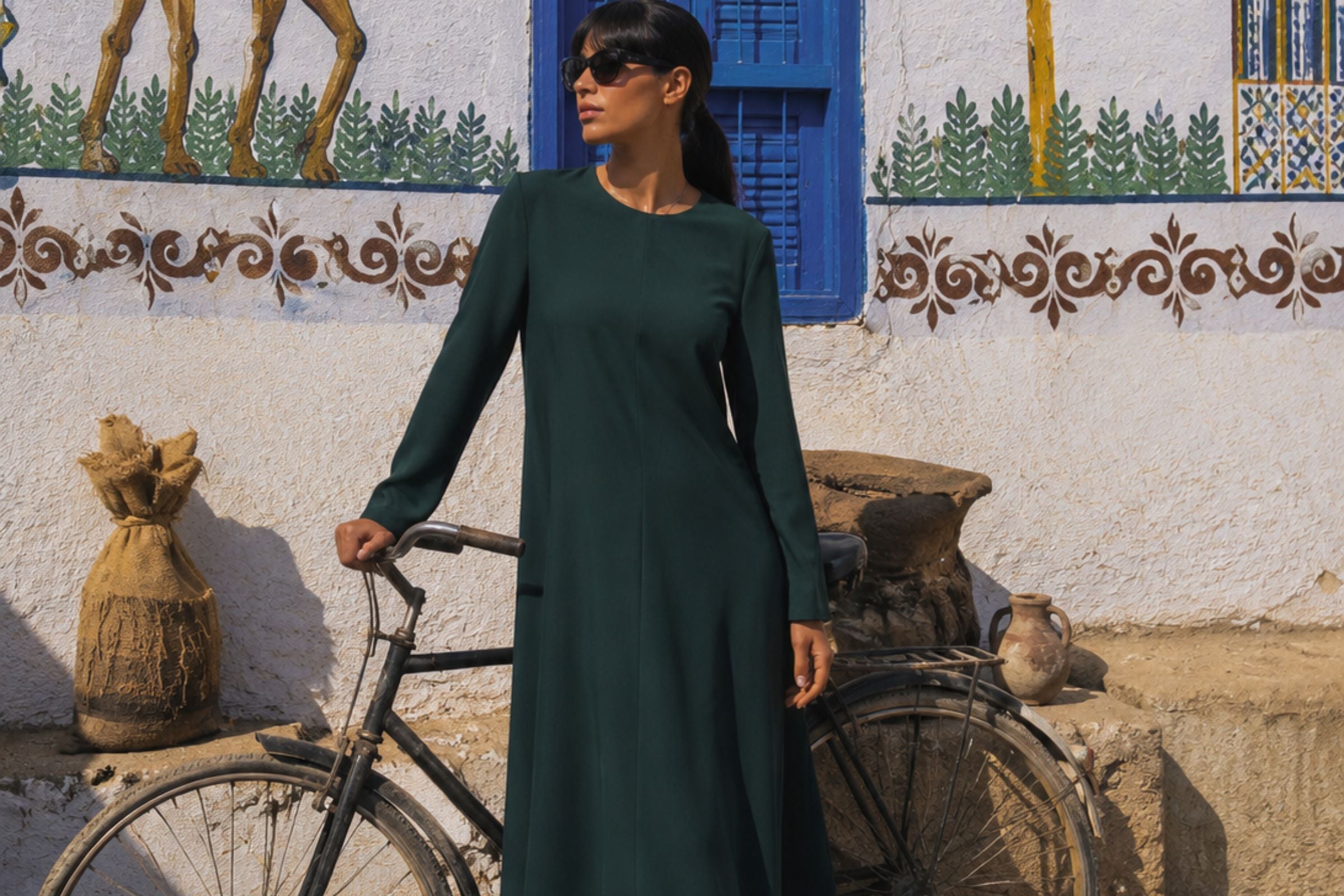 A woman wearing a dark green long-sleeve maxi dress and sunglasses stands next to a vintage bicycle in front of a white wall with blue shutters and decorative patterns.