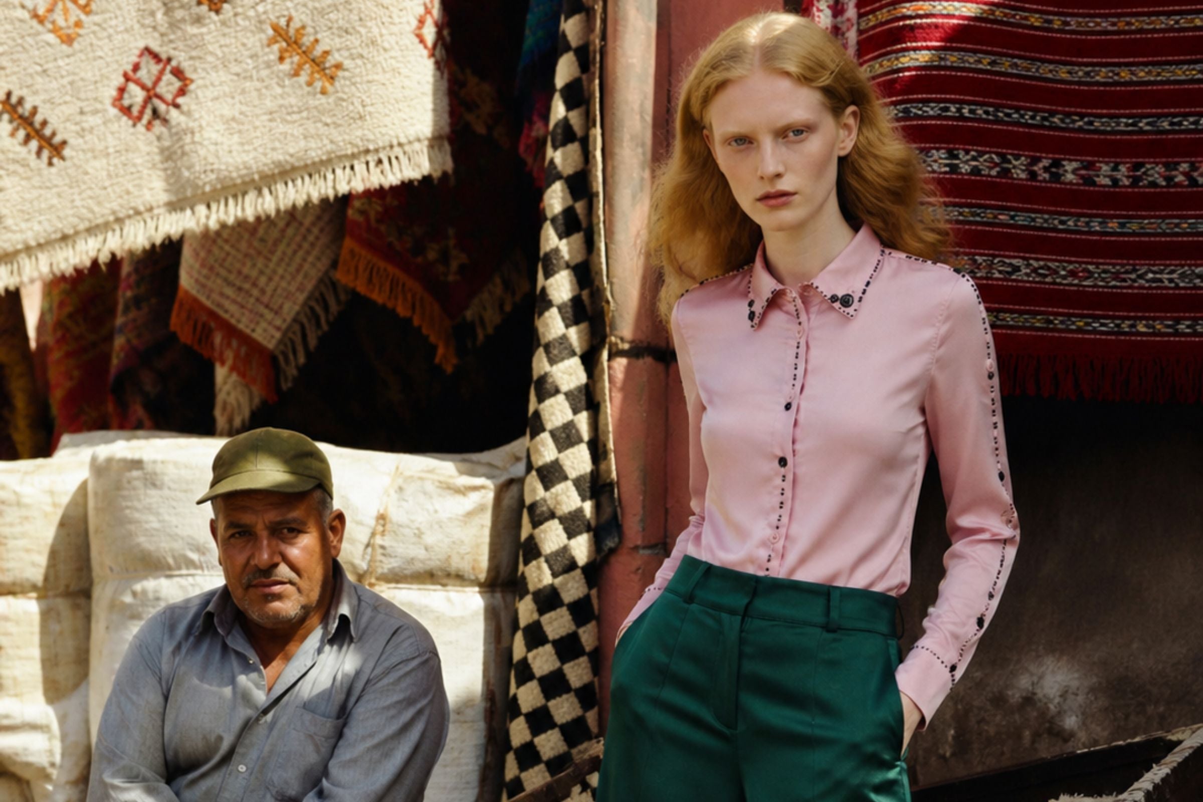 A fashion model wearing a light pink long-sleeve button-up shirt with black embroidery and dark green trousers, standing next to an older man in a rustic setting with patterned rugs.