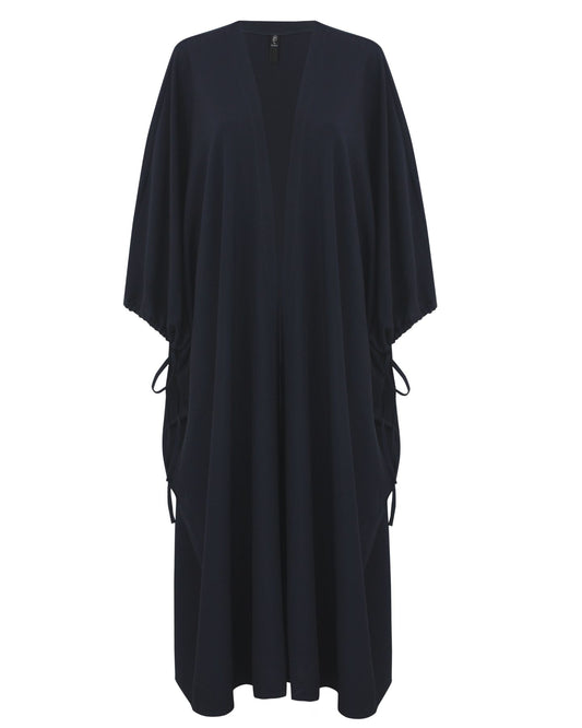 Burnous Kaftan in navy terry rayon, open front, square silhouette with drawstring cuffs.