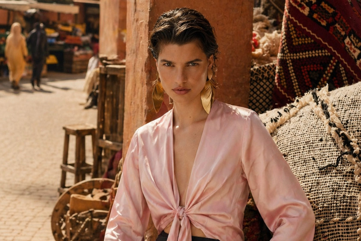 A woman wearing a light pink satin-like wrap top with a deep V-neck and front knot detail, posed in a rustic market setting with woven textiles and wooden furniture in the background.