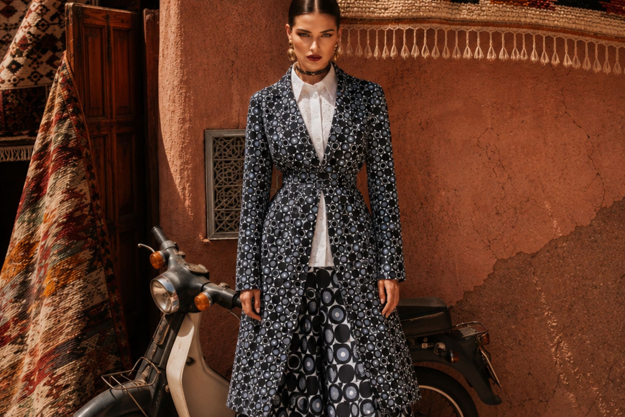 A model stands outdoors in front of a textured terracotta wall and a vintage scooter, wearing a long navy blue patterned coat over a white collared shirt and a matching patterned skirt.
