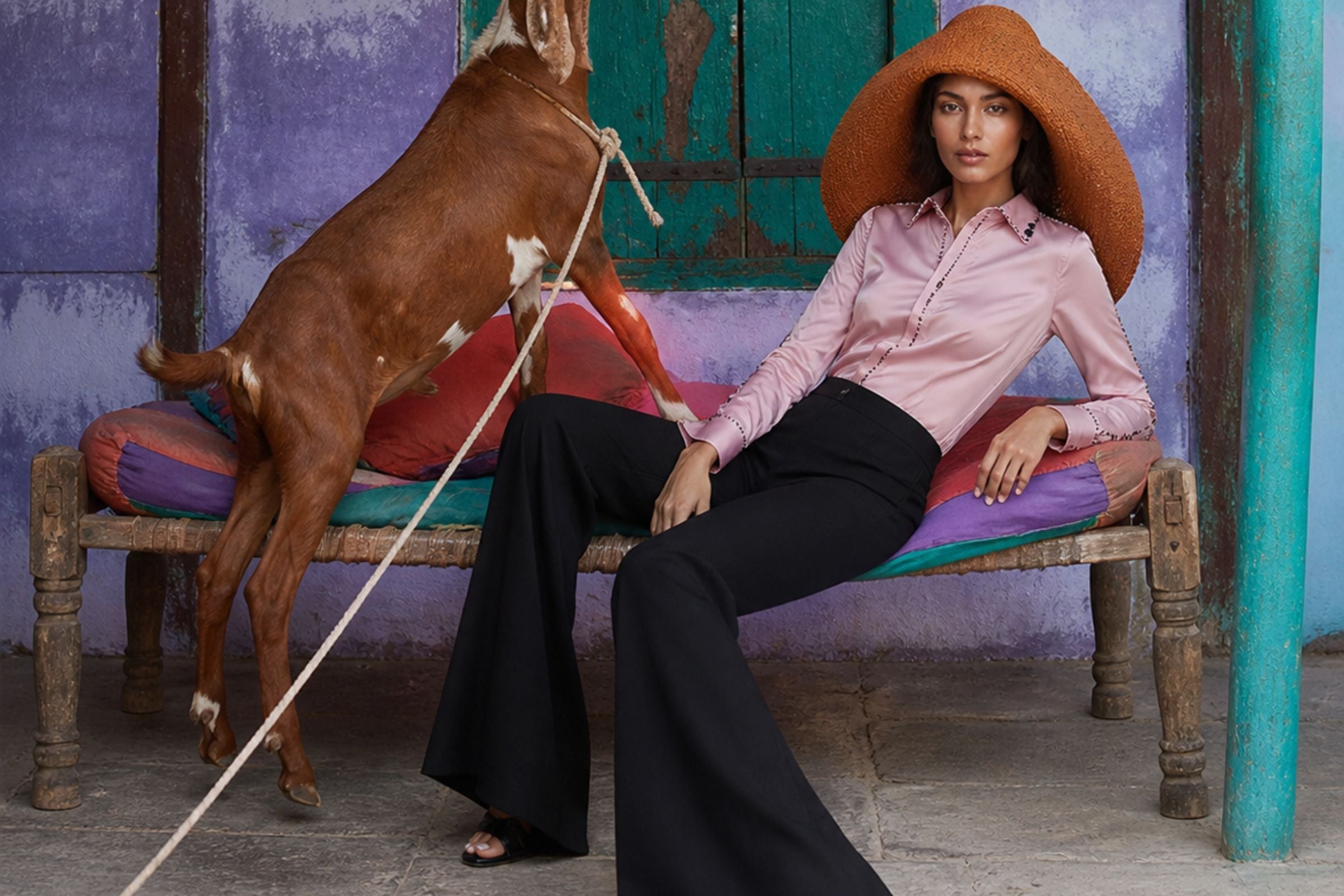 A woman wearing a pink satin shirt, black wide-leg pants, and a large orange hat sits on a colorful bench next to a brown goat in front of a purple wall.