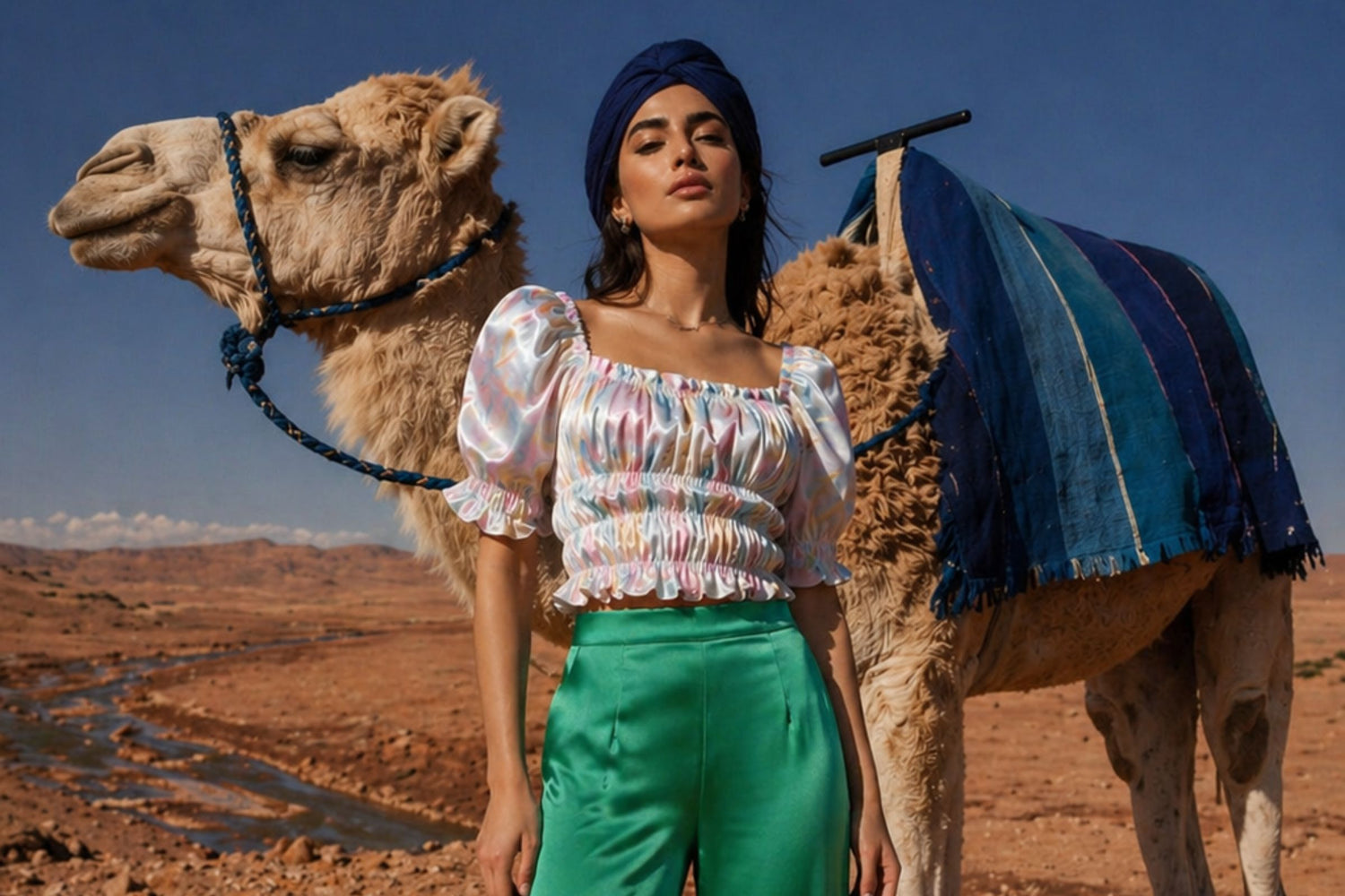 A woman stands outdoors in a desert setting with a camel beside her. She is wearing a white puff-sleeve top with a multicolor pastel pattern, bright green pants, and a dark blue headwrap.