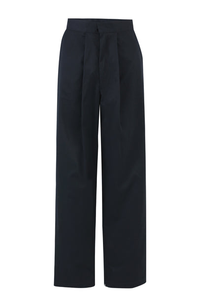 avy wide-leg high-waist pleated trousers in cotton gabardine, styled with black heels on a white background.