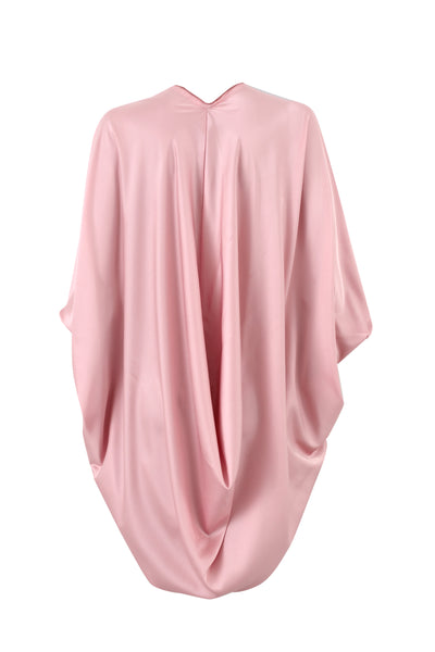 Pale rose satin Kasbah Cloud Kimono with open front and draped cocoon back from Bardees Zellij Drift collection.
