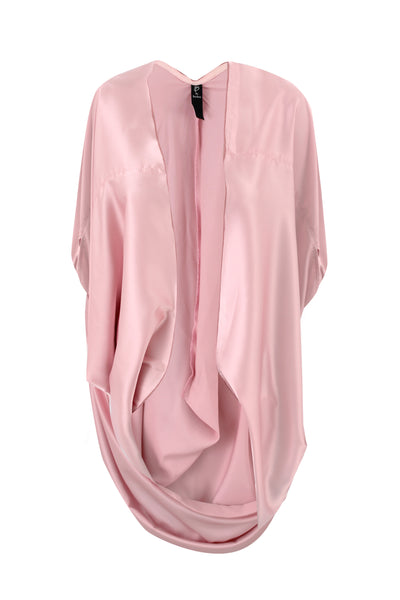 Pale rose satin Kasbah Cloud Kimono with open front and draped cocoon back from Bardees Zellij Drift collection.

