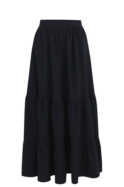 Navy tiered maxi skirt in Armani satin with gathered seams and a fitted waistband — Bardees Medina Tier Maxi Skirt.