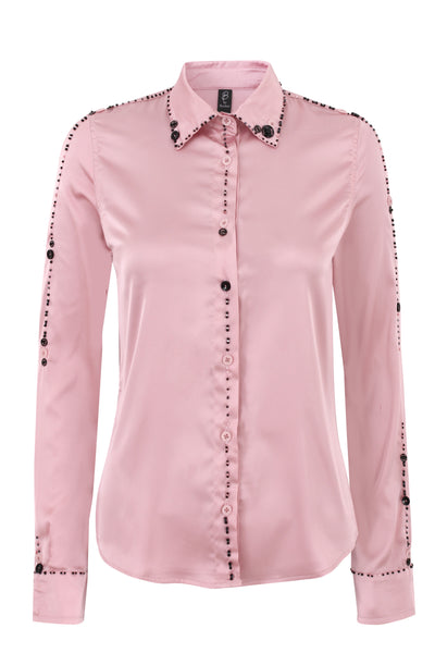 Pale rose satin Gueliz Beadline Shirt with black Czech bead detailing along collar, placket, shoulders, and cuffs from Bardees Zellij Drift collection.
