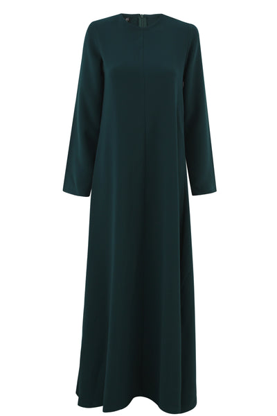 Ivy green Tadelakt Flow Maxi Dress with round neckline, long sleeves, and softly flared four-panel silhouette from Bardees Zellij Drift collection.