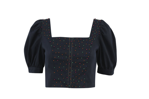 Navy blue Gueliz Puff Square Blouse with puff sleeves, square neckline, and hand-beaded multi-coloured detail from Bardees Zellij Drift collection.

