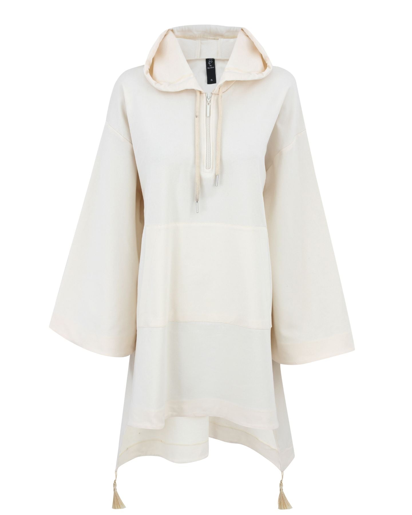 An off-white hooded tunic top with a half-zip neckline, drawstrings, and tassel ties at the hem, shown against a plain white background.