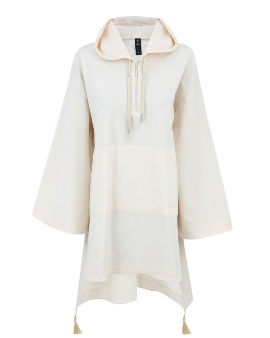 An off-white hooded tunic top with a half-zip neckline, drawstrings, and tassel ties at the hem, shown against a plain white background.
