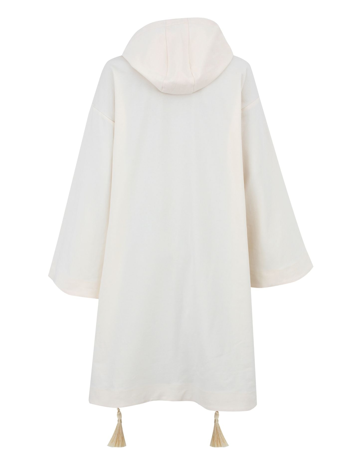 An off-white hooded robe with wide sleeves and two beige tassels at the bottom hem, shown from the back against a plain white background.